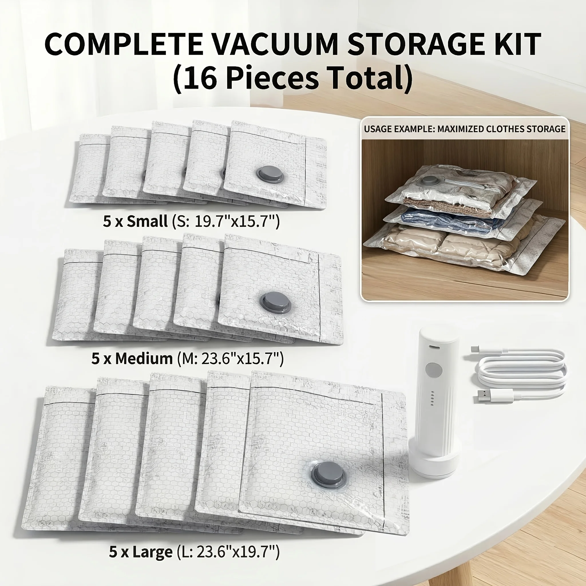 Travel Vacuum Seal Bags for Clothing W/Portable Electric Pump, 9/15 Pack Space Saver Compression Bags for Clothes, Luggage & Suitcase