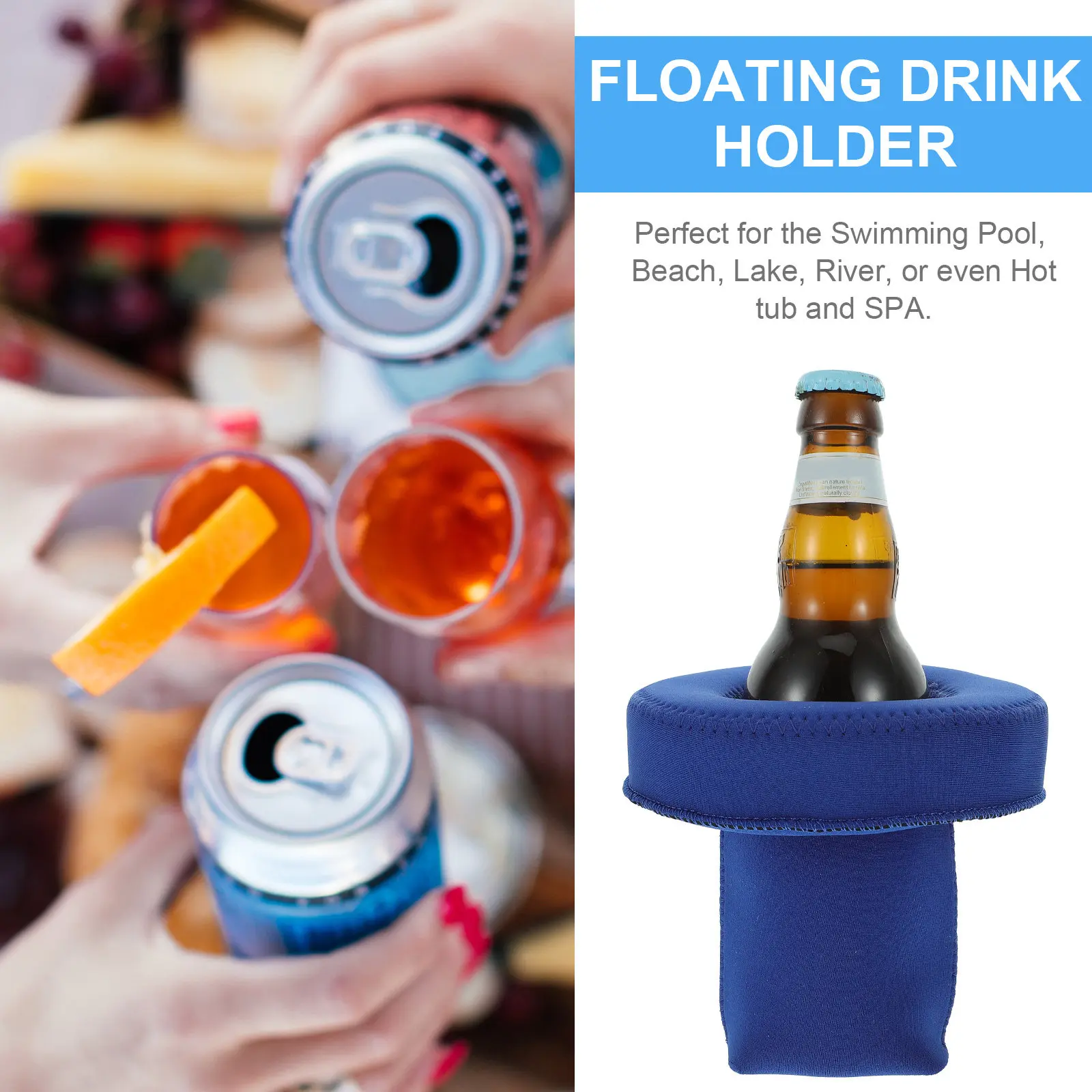 Neoprene Floating Drink Holder for Pool Owners, Keeping Drinks Floating Nearby, Fits Standard Cans and Bottles, Dark Blue, 1 Set