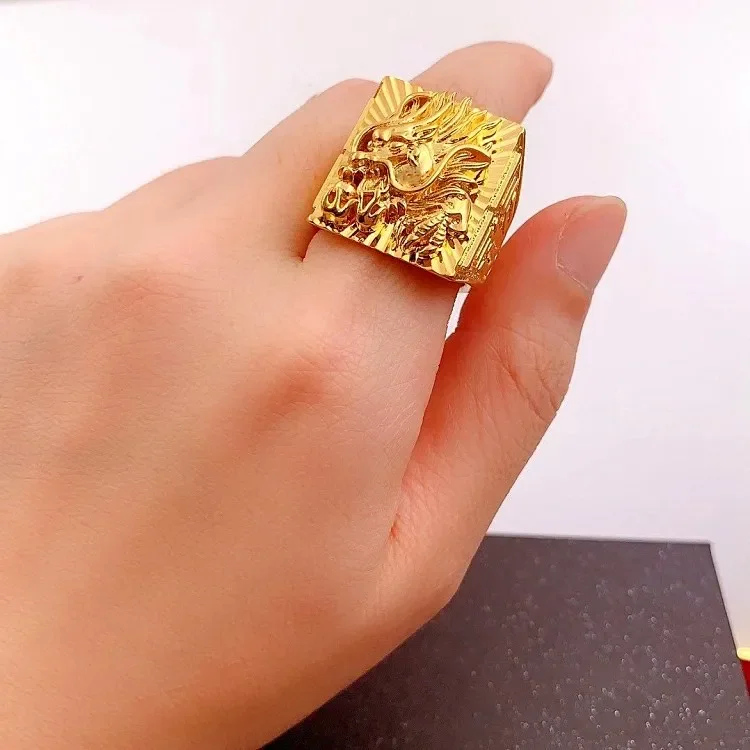 Echte Pure K Gouden Kleur Reliëf Drakenring Voor Mannen Bro Accessoires Fijne Sieraden Geschenken Oro Betere Dikke Ringen Geschenken