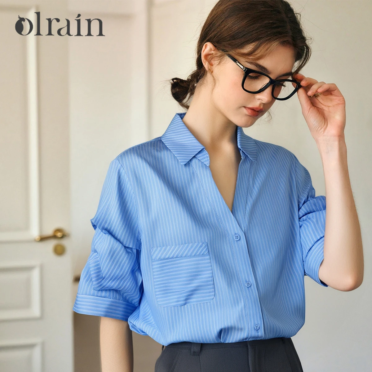 

OLrain Women's Shirt 2025 Summer French Blue Striped Button-up Collared Pleated Sleeves Woman Blouses Ladies Clothing O57XC98015