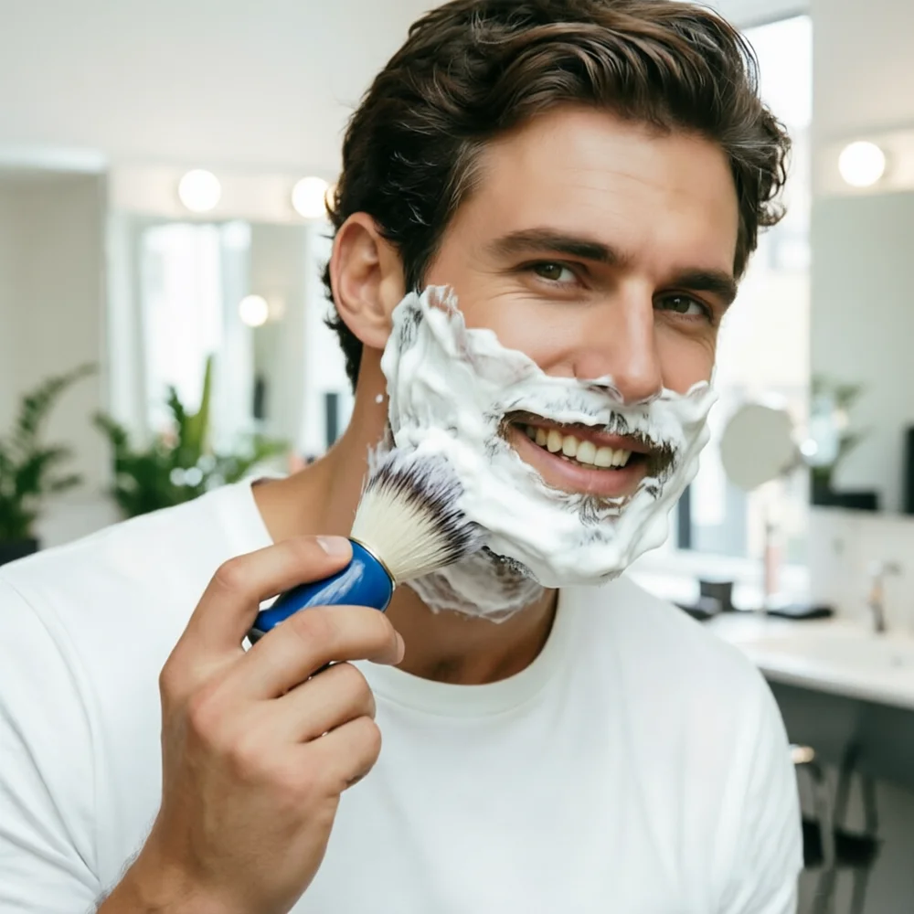 Herren-Rasierpinsel mit Griff, weiche Nylonborsten für Bartseife, Schaumrasur und Gesichtsreinigung – ideal für Friseursalons – Detail 1