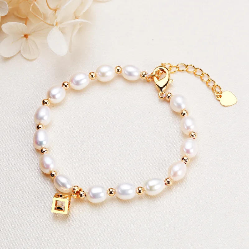 6-7mm Rice Shape Freshwater Pearl Bracelet for Women 16cm Extend Chain 18K gold Plated Pearl Bracelet Jewelry Gift