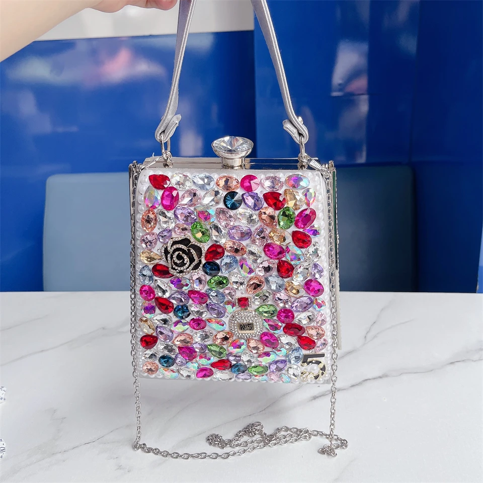 Rhinestone Mini Handbag for Women PU Leather Handmade Banquet Bridal Portable Makeup Jewelry Storage Crossbody Bags