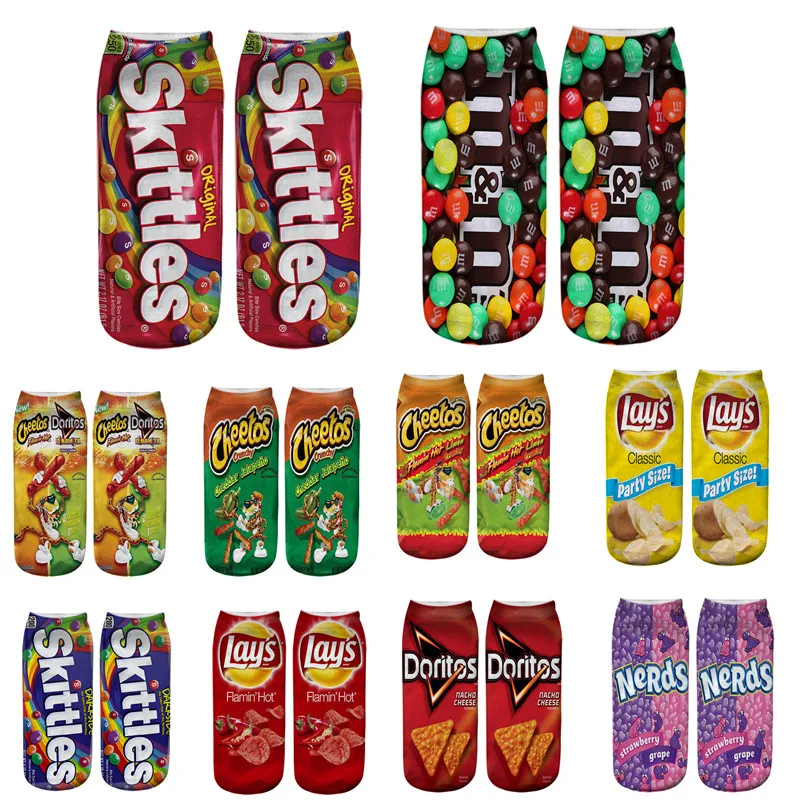 Calcetines cortos de tobillo bajo con estampado 3D de patatas fritas y patatas fritas de dibujos animados divertidos para mujeres y hombres lindos Kawaii verano primavera comida feliz Casual Sox