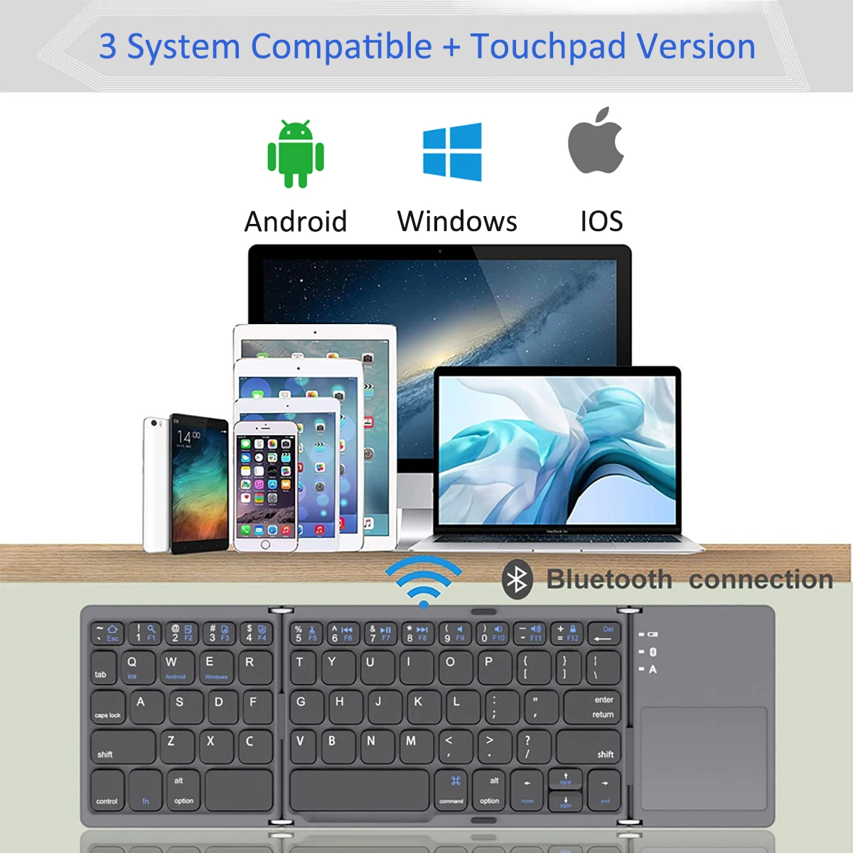 Wireless Tri-folding Keyboard Bluetooth Keyboard With Touchpad For Windows, Android, IOS Multi-Function Button Mini Keyboard