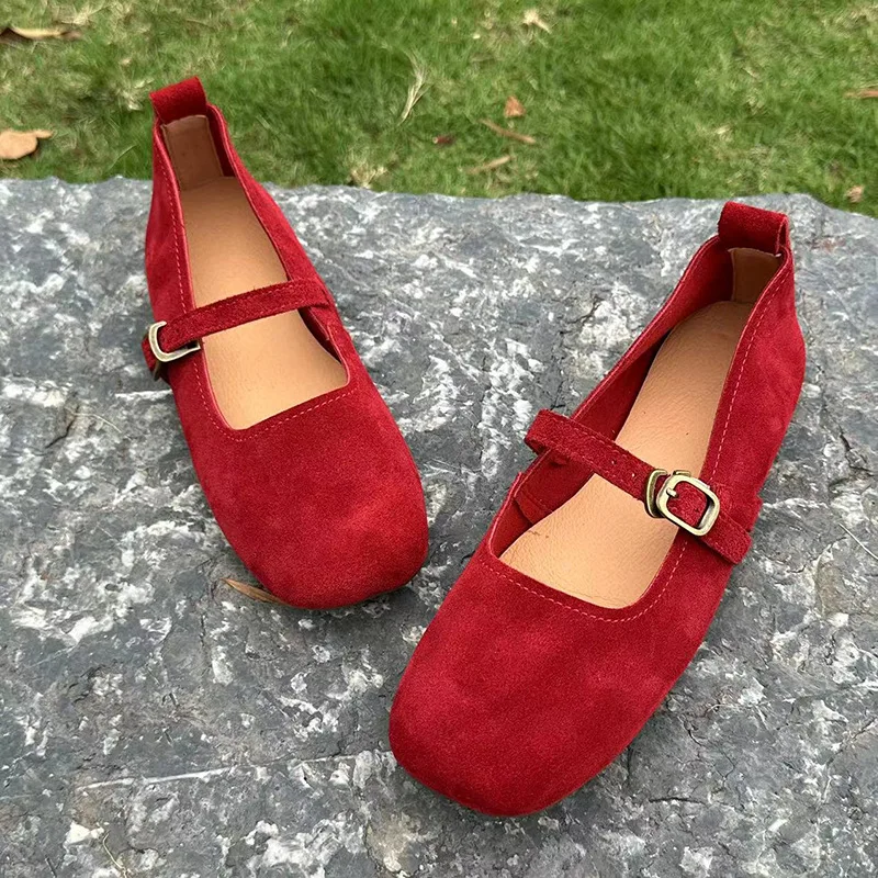 ALA  Rising|L2427 Summer And Autumn Soft Susde Leather Shoes For Women France Vintage Style Ballet Shoes