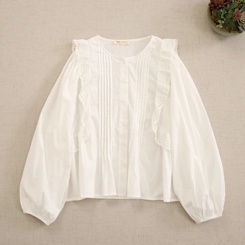 Japan Style Sweet Mori Girl  Boho White Embroidery Ruffled Shirts Woman Autumn Spring Elegant Casual Loose Cotton Blouses Tops