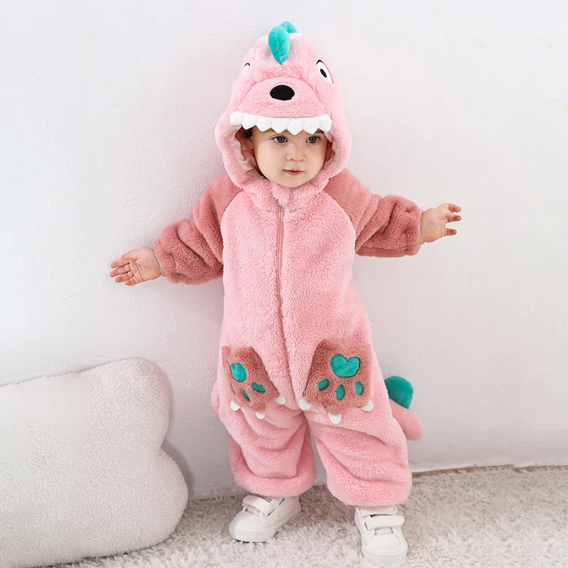 Lovely Dinosaur Newborn Baby Girl Clothes Bodysuit Plush Soft Warm Toddler Jumpsuit Halloween Kid Infant Pajamas Overalls Zipper