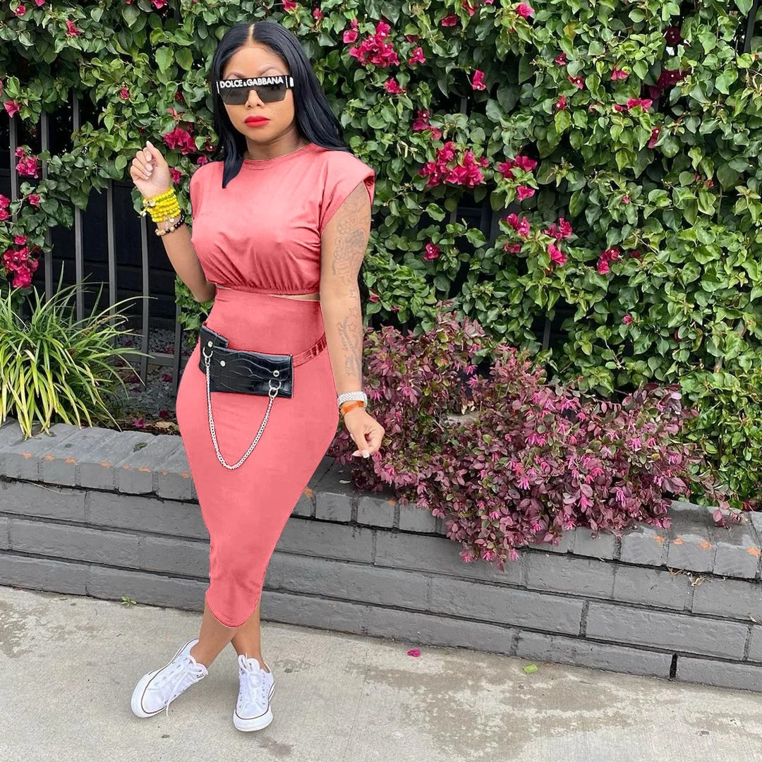 Stylish Women's 2-Piece Summer Loose Sleeveless Shoulder Pad T-Shirt And Slim Midi Dress Outfits Lady Casual 2-Piece Set