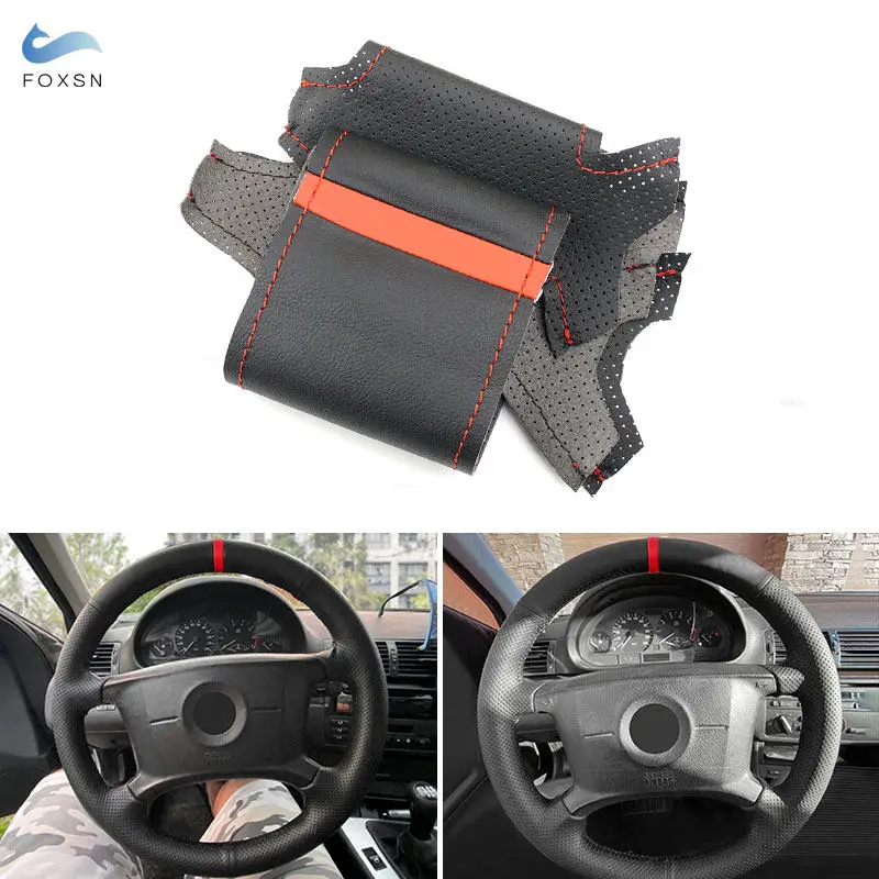 Car Steering Wheel Black Leather Cover Trim with Red Strip For BMW 3 5 Series E36 E46 E39 1998 1999 For X3 E83 X5 E53 2000-2006