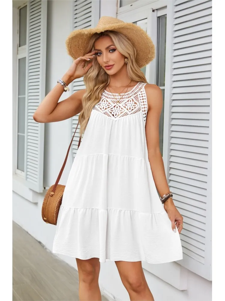 

Hollow-out Lace Stitching Hanging Neck A-shaped Solid Color Dress Women's Summer Fresh Style Loose Casual Sleeveless Lace Dress