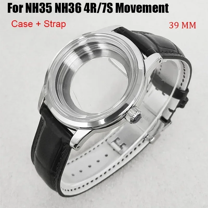 

Stainless Steel Case+Leather Strap 39MM Double Buckle Leather Modification Watch Accessories For NH35/NH36/4R/7S Movement