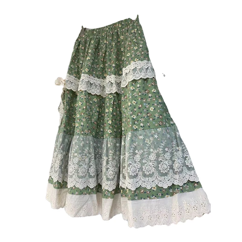 

New Mori Girl Sweet Vintage Cotton Linen Skirt Women Clothes Floral Long Lace Ruffled Pleated Elastic Waist Fairy Skirts K005