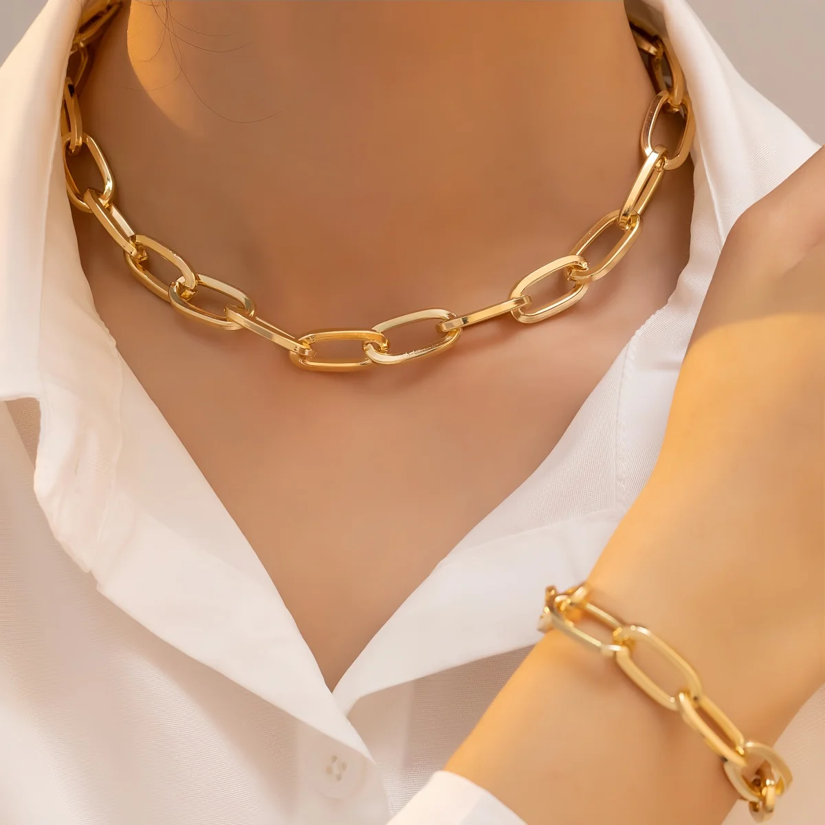 

2 PCS Set Gold Color Link Chain Necklace Bracelet Set Punk Bracelet Big Link Chain Dubai Africa Party Jewelry Set Gift FOr Women