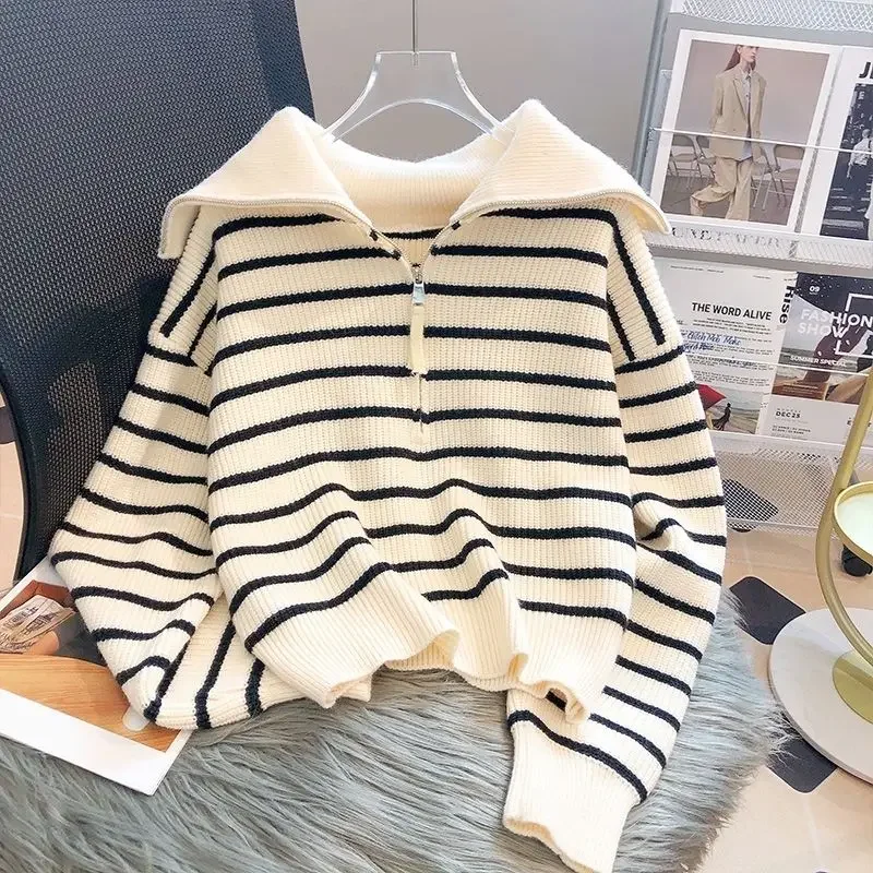 Korejpaa Striped Turn-down Collar Sweaters Women Half Zipper Pullover Top Autumn Winter Korean Style Knitted Pull Femme