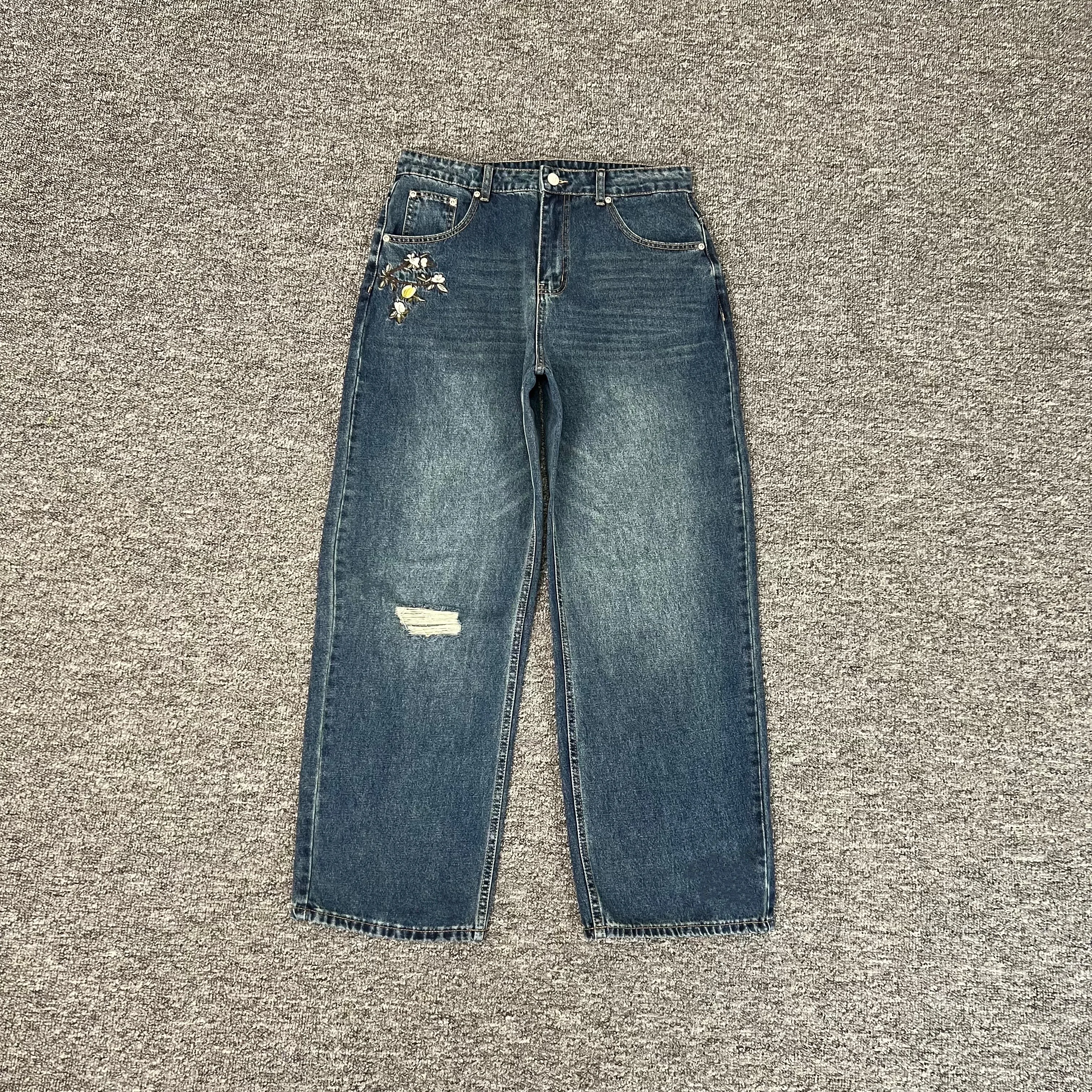 Calça Jeans Retrô Derchutze com Furos, Solta e Casual, para Homens e Mulheres, Estilo High Street, Bordada, Respirável e Conf...