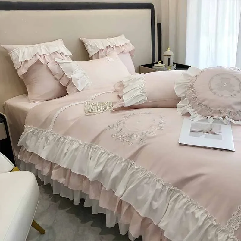 

Egyptian Cotton Bedding Set Embroidery Duvet Cover Princess StyleRuffle Edge BedSheet King Queen Size Bed Linen Sheet Pillowcase