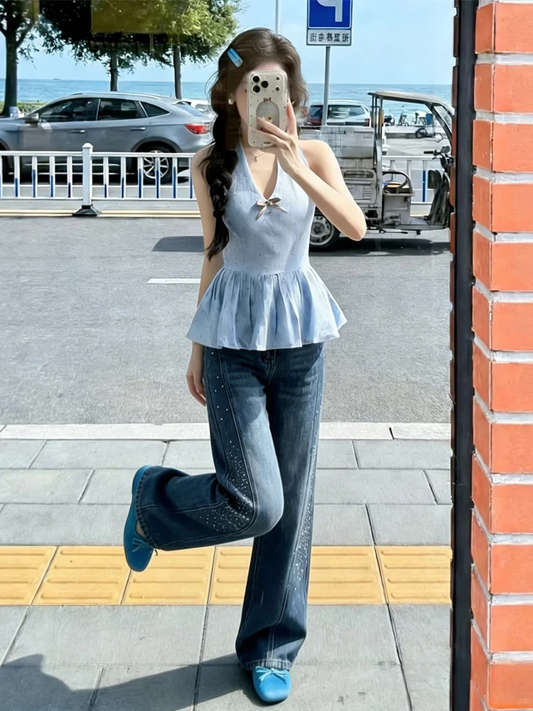

American Sle Retro High Waist Glitter Blade Jeans Women's Spring 2026 New Loose Straight Leg Wide Leg Scythe Pants