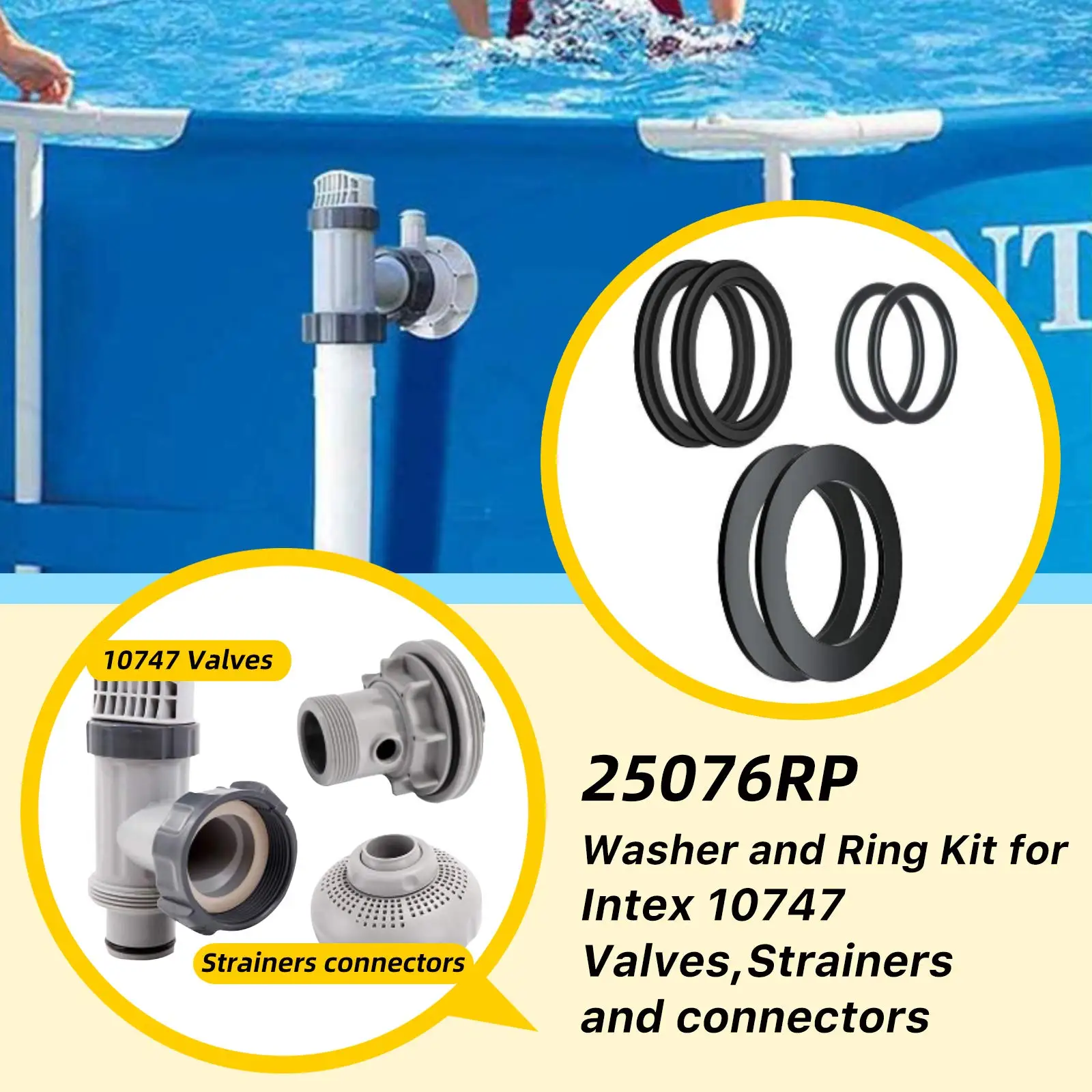 25076RP Washer and Ring Kit for 1-1/2in Fittings, O-Ring Rubber Washer for Intex Pool Plunger Valves - 10745, 10262 and 10255