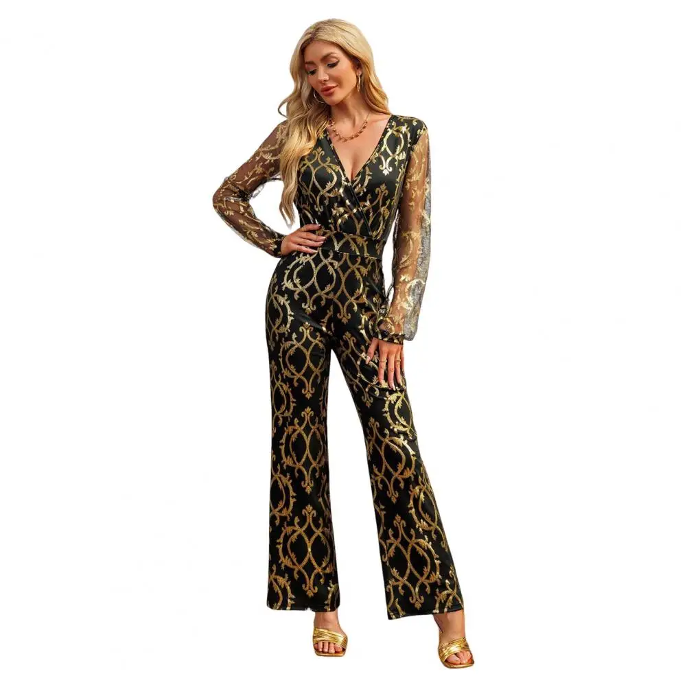 

Women Print Jumpsuit Sequin Party with Geometric Mesh Sleeves for Slim High Waist Formal