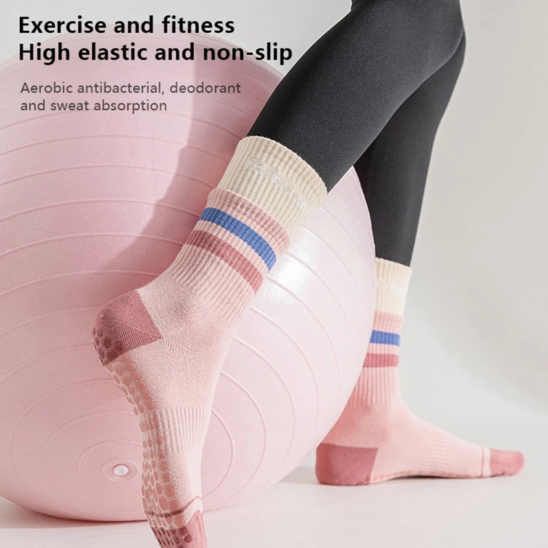 Cotton Breathable Mid-calf Yoga Socks Solid Color Striped Anti-slip Sports Socks Pilates Socks Dance Fitness Training Socks