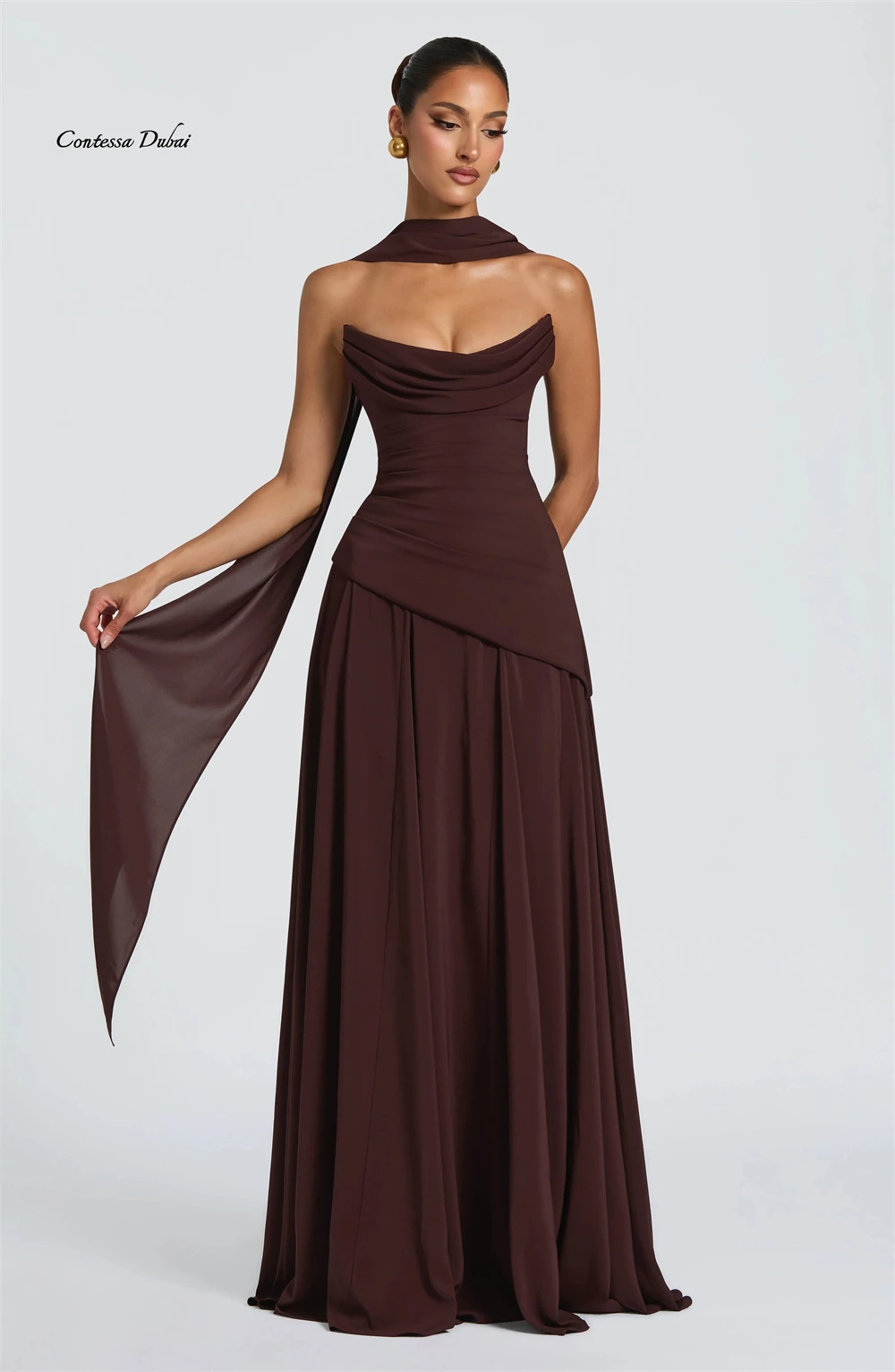 Contessa Customized Brown Strapless Elegant Evening Dress chiffon Cape Draping robes de soirée Formal Event Dress Floor Length