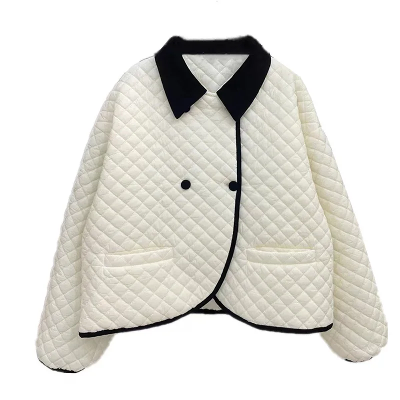 

Korean color contrast lapel down jacket women's 2023 winter new rhombus sweet white duck down jacket Thick （Winter)