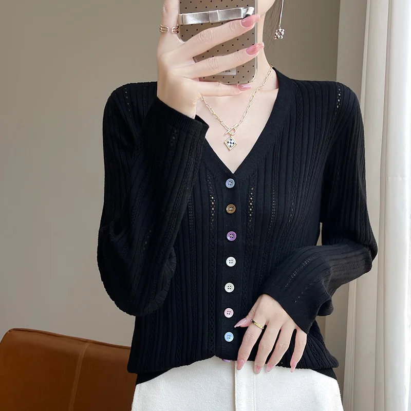 Woman's Wool Cardigan Boutique Thin And Light Solid Color Soft Knit Cardigan Sweater  V-Neck Cozy Casual Versatile Women Sweater