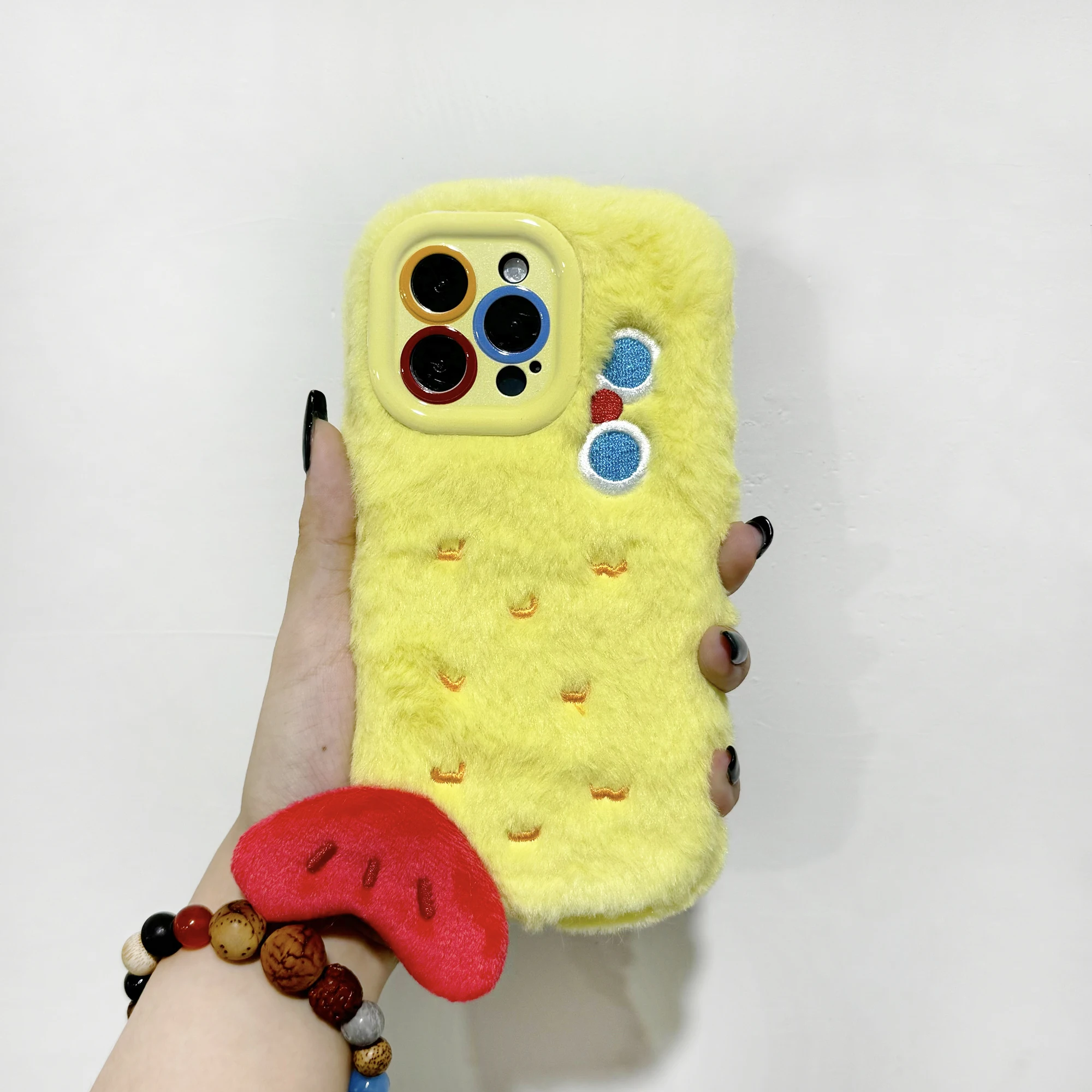 

Autumn Winter New Cartoon Yellow Small Eyes Monster Fish Plush Phone Case for iphone 16 Pro Max Warm Plush Plush Phone Case