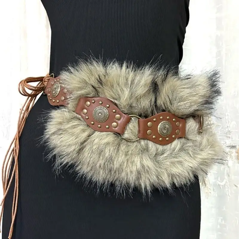 

A52E Antique 2000S Fashion WaistBelt With Faux Furs PU Leather Patchworked Design Multiuse Waist Strap Jeans Pants Decoration