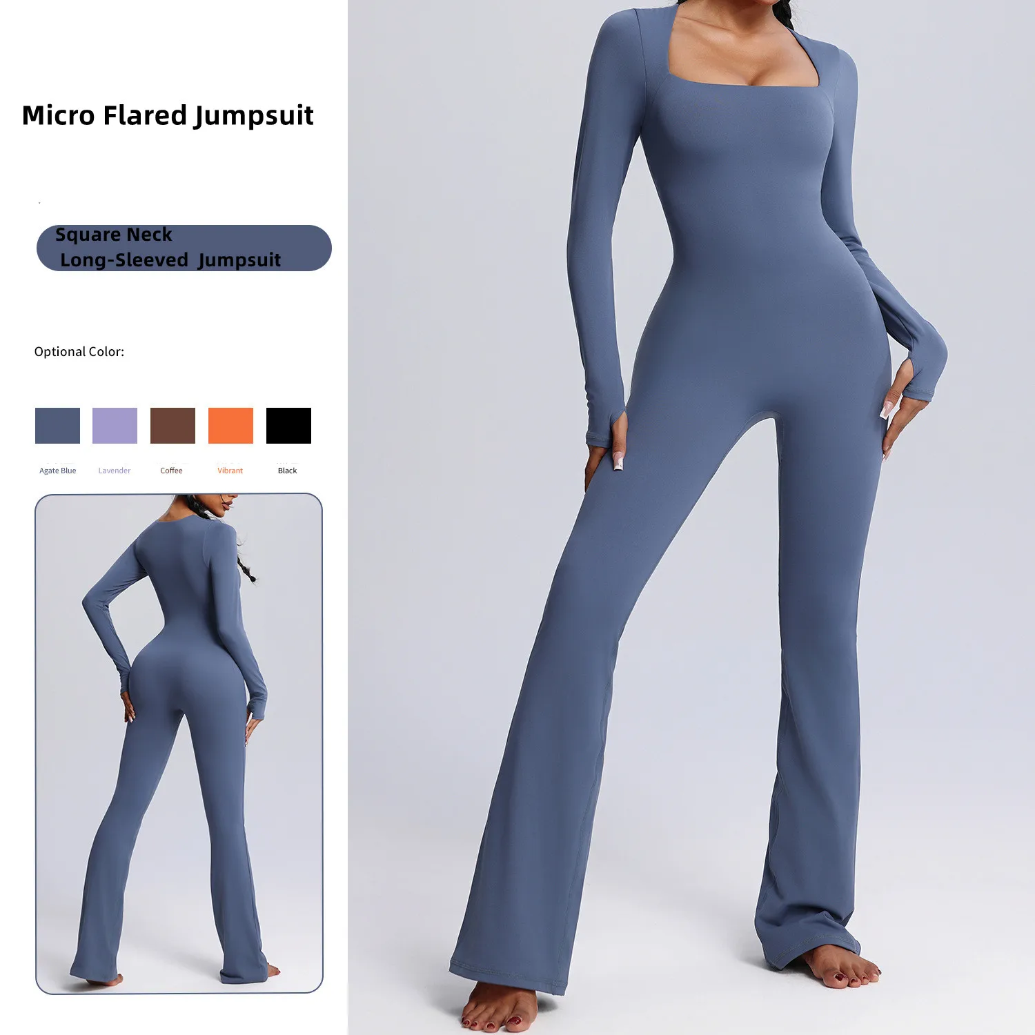 Autumn Winter Long-Sleeved Square Collar Women's Yoga Jumpsuit Micro Flared Full Pants Tight Slim High Elastic Sports Clothes