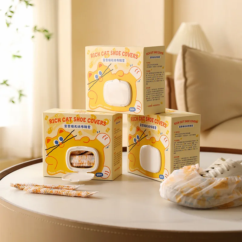 Elastic Edge Non Woven Disposable Shoe Covers Cartoon Cat Design Wall Mount Extract Box For House Visit And Renovation