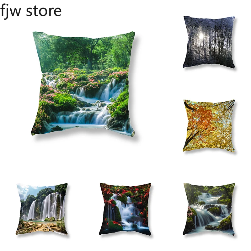 

Mountain Forest Landscape Printing Pillow Cover Flowing Water Mood Sofa Decoration Bedside Seat Cushion