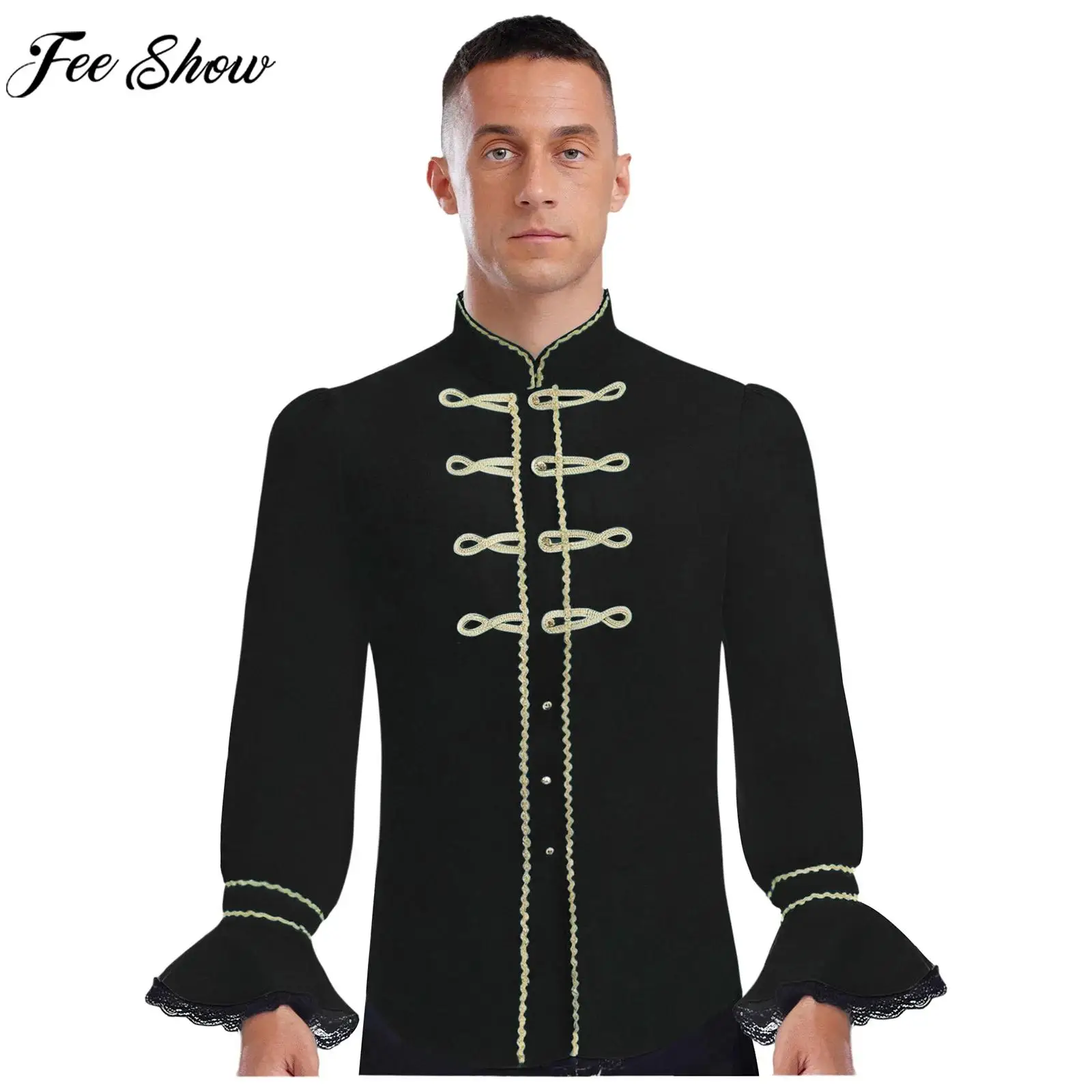 

Мужская винтажная готическая куртка в стиле стимпанк, рубашка на Хэллоуин, средневековый пиратский вампир, карнавальный костюм с длинным рукавом, викторианский топ с рюшами