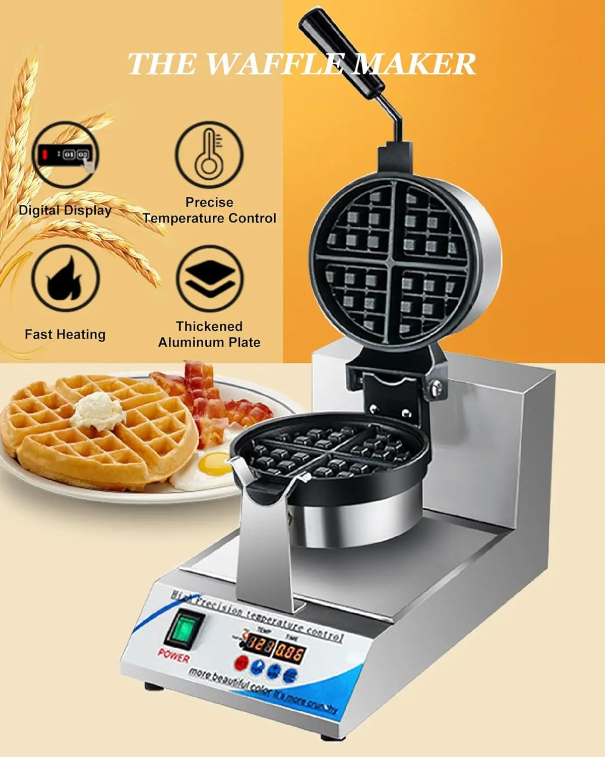 Macchina per la colazione con waffle rotante rotondo da 7" con rivestimento antiaderente, macchina per waffle in acciaio inossidabile per snack bar, dessert Sho