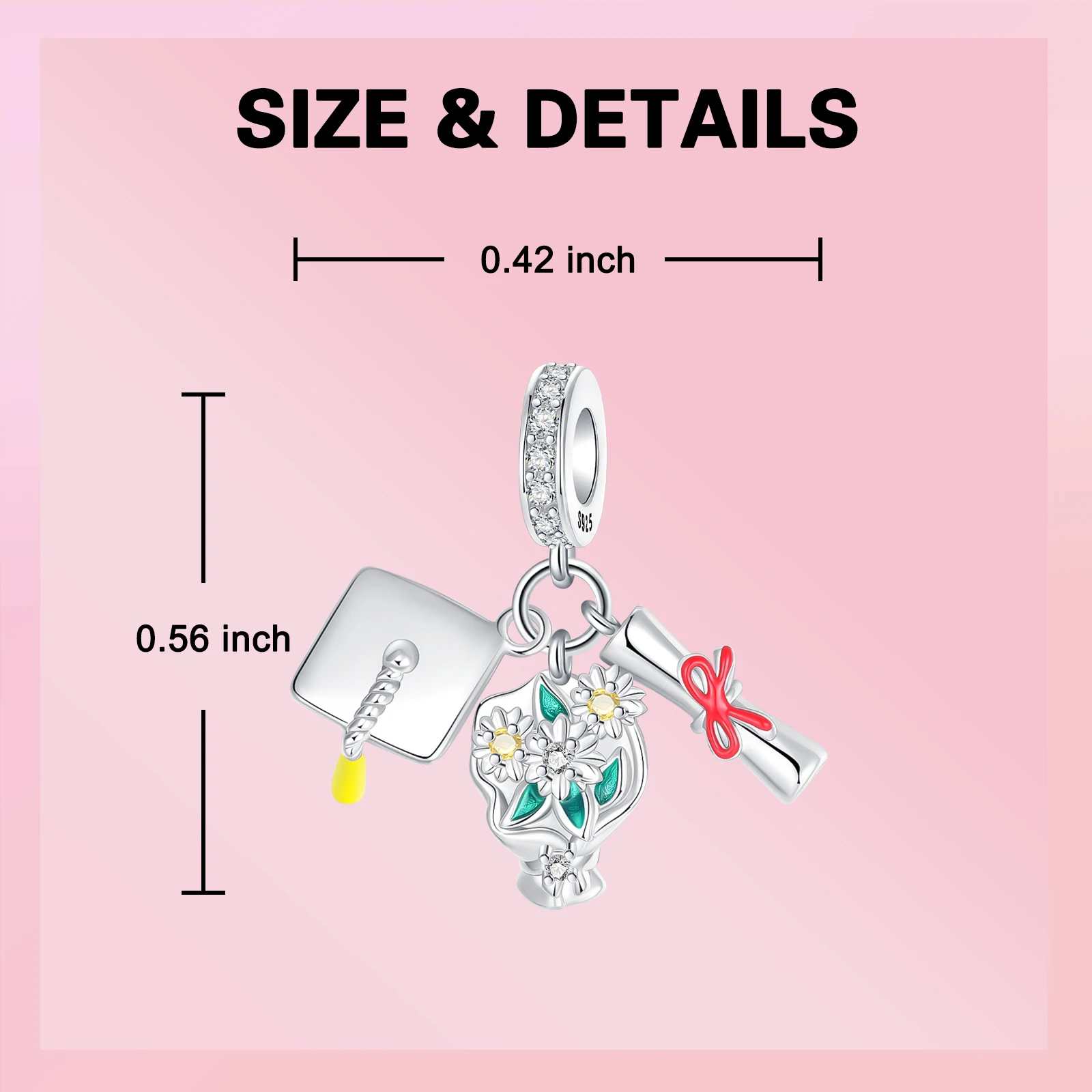 925 Sterling Silver Graduation Dangle Charm Cap Diploma Flower Bouquet Enamel Bead Fit  Bracelet DIY Graduation DIY Jewelry Gift