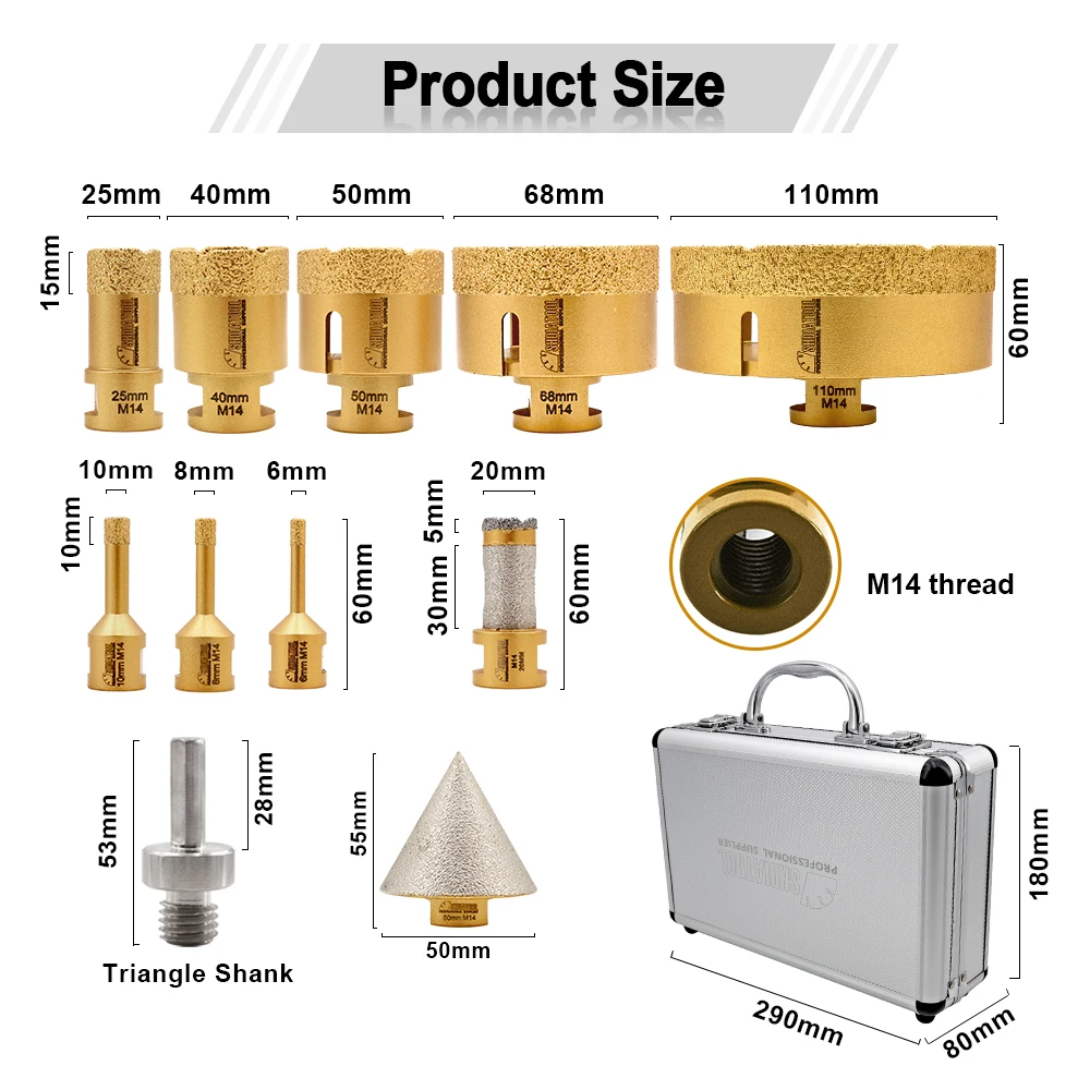 Imagem -03 - Shdiatool-conjunto de Bits de Diamante Serra Buraco Core Bits Coroa de Perfuração 50 mm Chanfro de Diamante Adaptador 6110 mm M14 11 Pcs