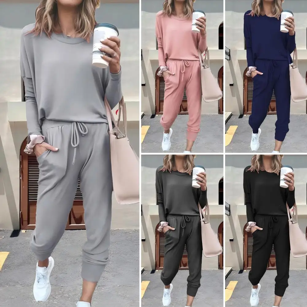 2 Pcs/Set Women Top Pants Suit Long Sleeves Sleepwear Sport Sweatshirt Drawstring Elastic Waist Trousers Fall Spring Tracksuit