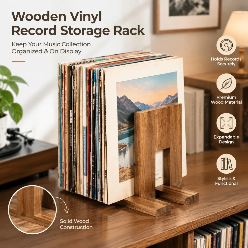 Solid Acacia Wood Vinyl Record Holder Adjustable Divider Expandable LP Display Stand Elegant Smooth Surface Desktop Record Shelf