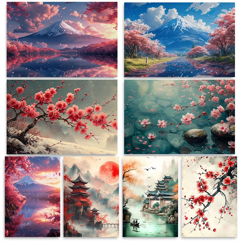 Pintura en lienzo de arte de pared con paisaje del amanecer de las flores de cerezo de Japón, pinturas interiores para dormitorio, sala de estar, decoración del hogar