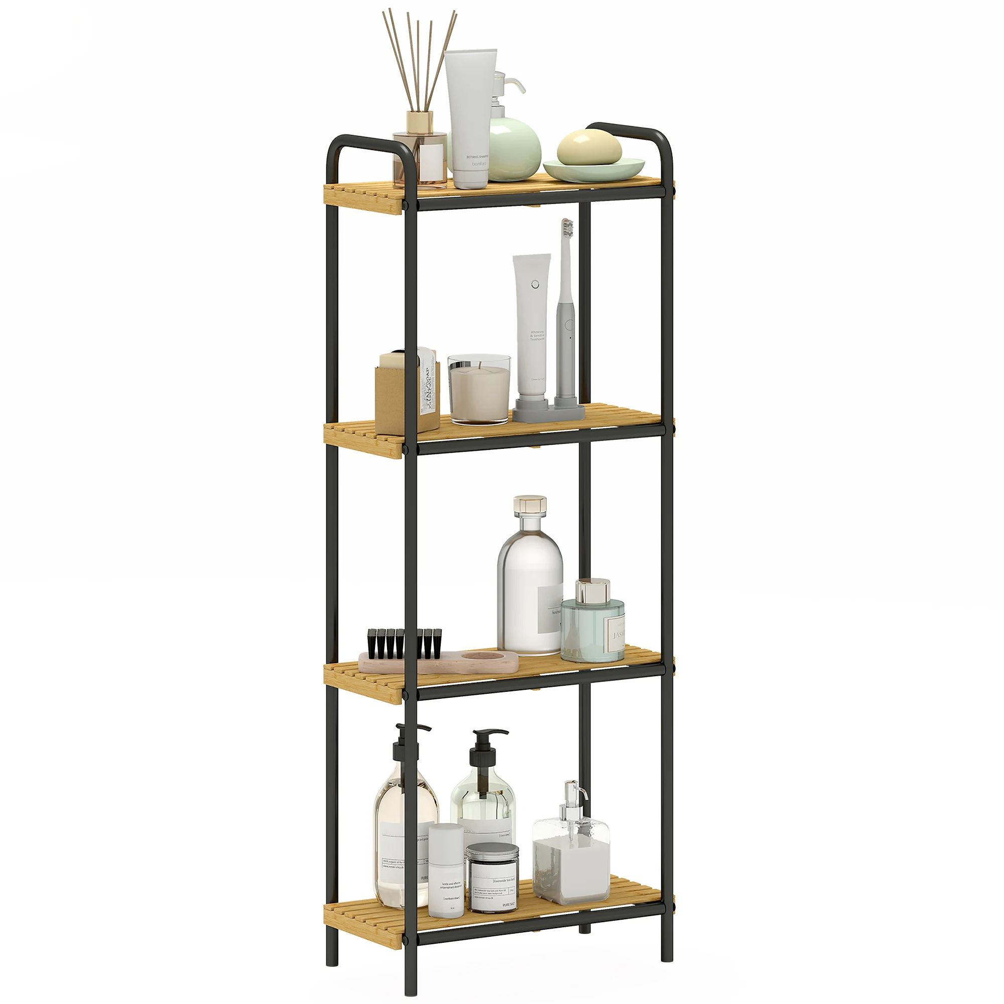 Homcom 4-laags bamboe badkamerplank opbergplank met 4 open planken lattenbodem en stalen structuur voor keuken badkamer woonkamer 41,5x21,5x106 cm naturel en zwart