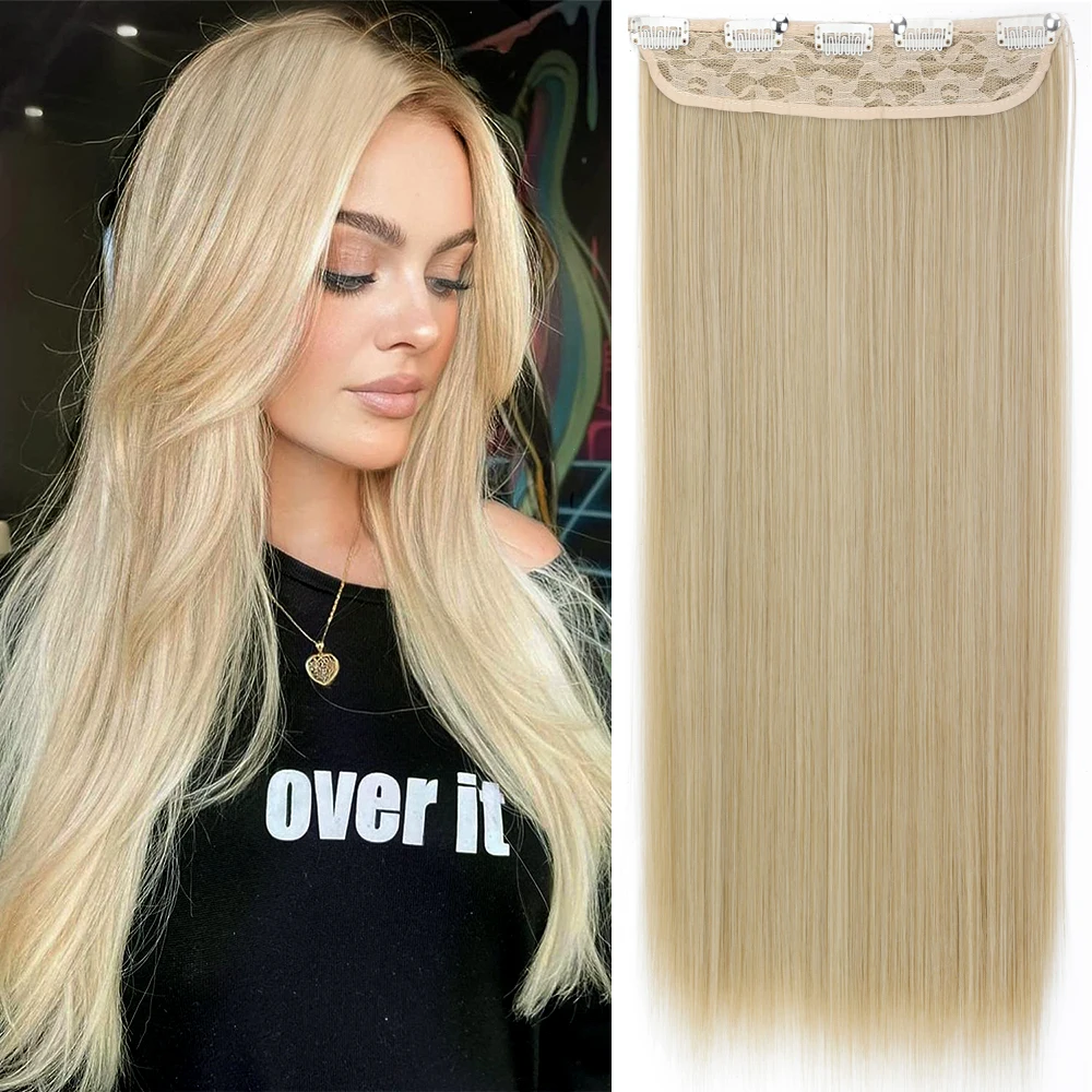 Extensiones de Cabello sintético Natural para mujer, pelo largo y liso, 5 Clips, 22 pulgadas, alta temperatura, negro y Rubio