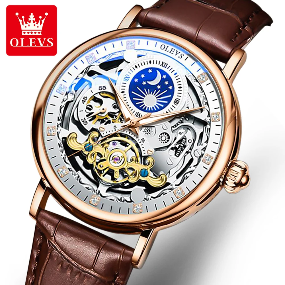 

OLEVS: Мужские механические часы-турбийон класса люкс с кожаным ремешком, водонепроницаемые, светящиеся, с фазами Луны, автоматические наручные часы