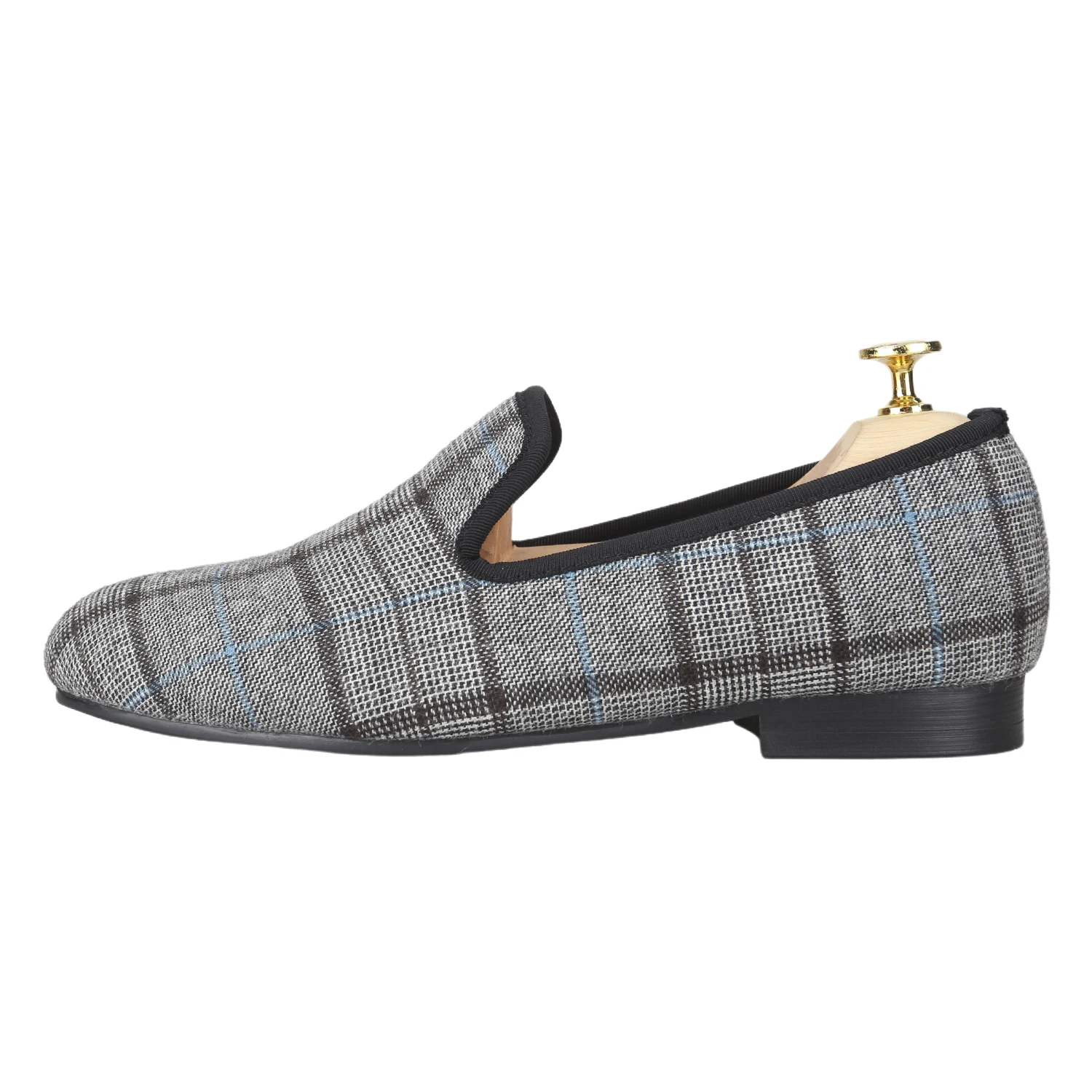 Piergitar Classic Style Grey Plaid Woolen Men's Loafers For Party And Banquet Wear Handmade Slip-On Flats Quilted Cotton Lining