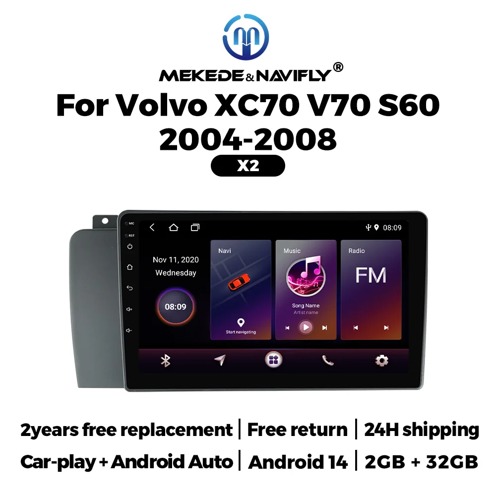 MEKEDE & NAVIFLY Android 14 unidad de host estéreo de radio de coche para Volvo XC70 V70 S60 2004-2008 sistema inteligente Carplay reproductor GPS 2Din