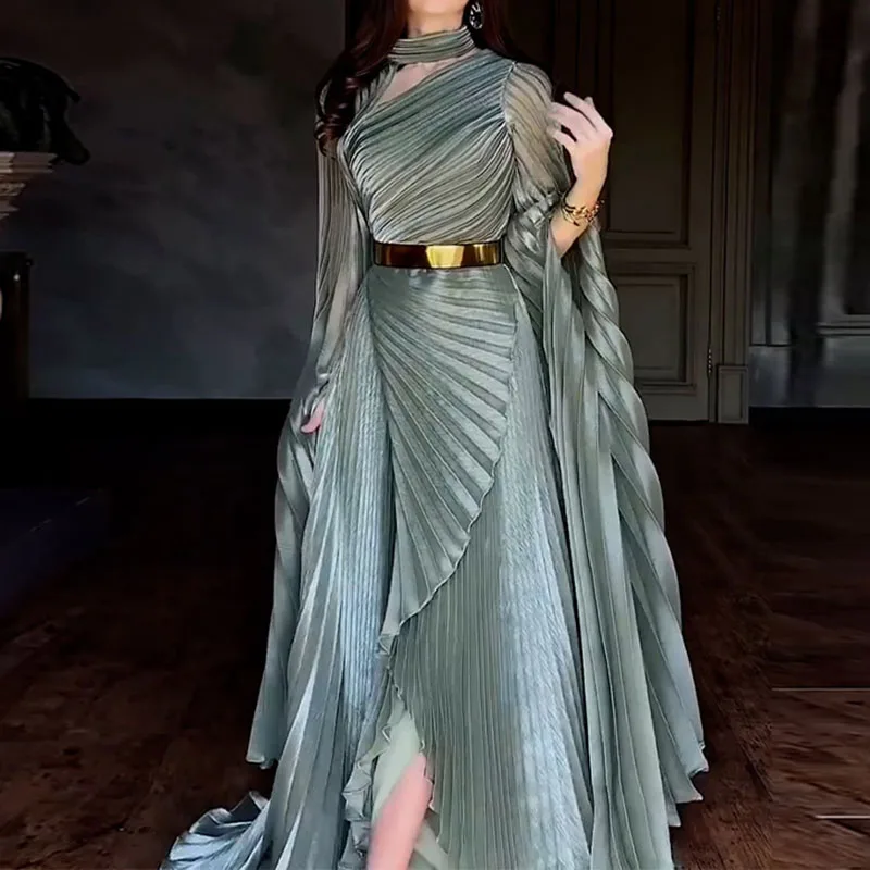 Elegant Solid Flared Sleeve Fold Dress Lady Temperament High Waisted Evening Dress Sexy Slim Crew Collar Floor-length Long Dress