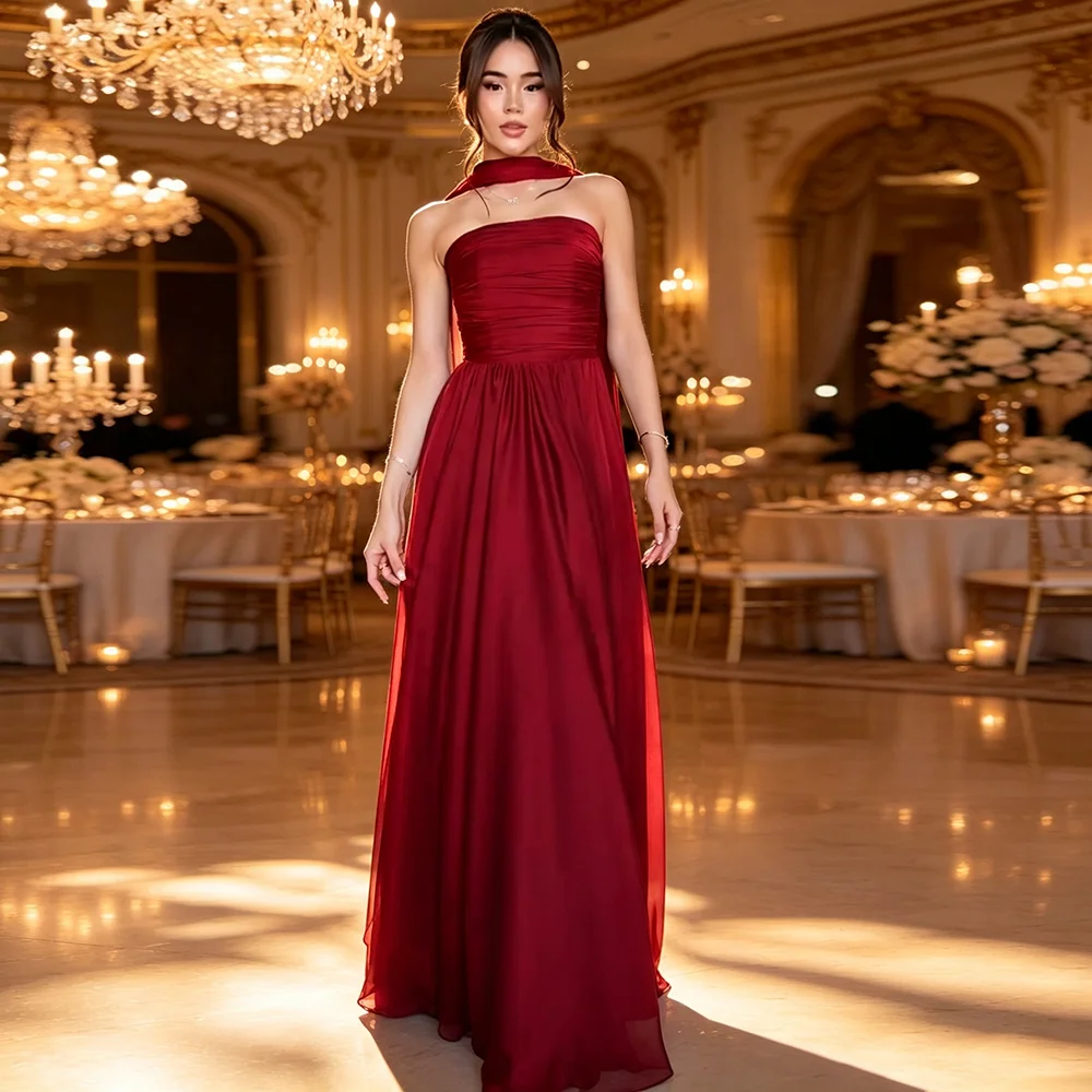 Eightale Arabic Evening Dress Burgundy Pleats Customized Floor Length A-Line Chiffon Floor Length Prom Wedding Party Gown