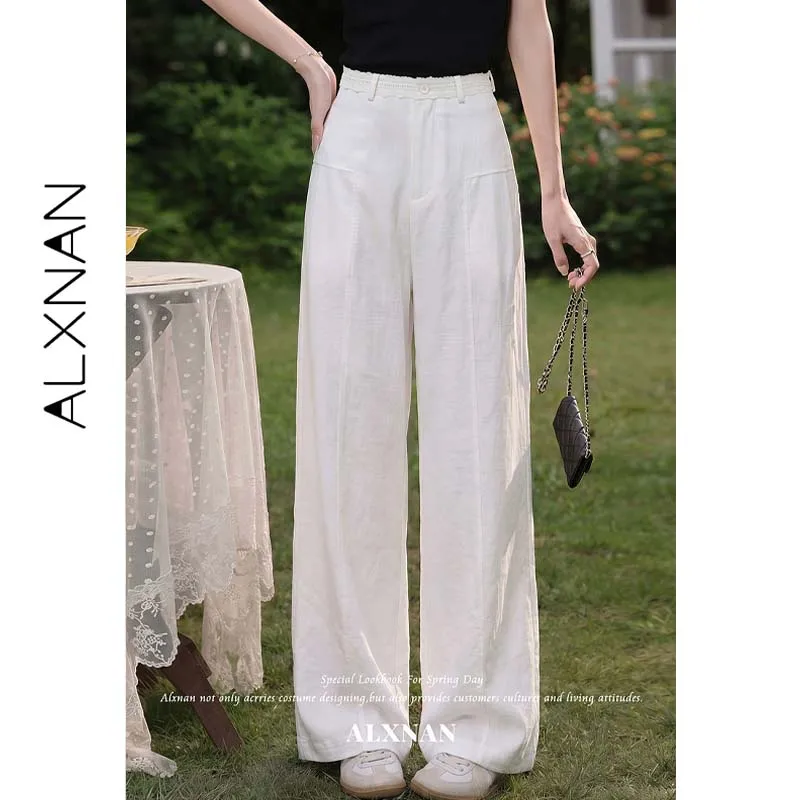 ALXNAN Off-white Linen Cotton Wide Leg Pants Women Summer High Waist Lace Spliced Trim Pleated Casual Long Trousers L65911A