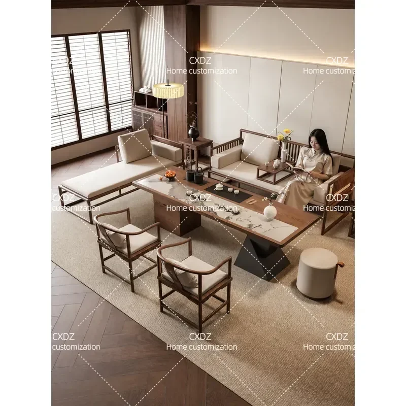 New Chinese Style Solid Wood Sofa Arhat Bed Tea Table and Chair Set Zen Living Room Furniture Home Decor
