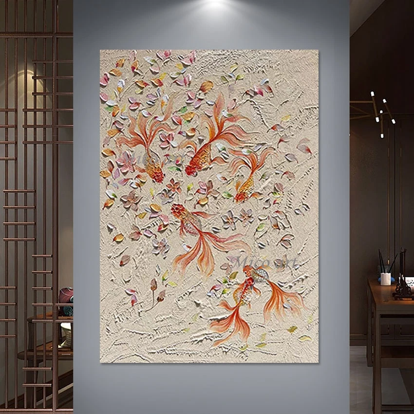 

Pop Art Wall Decor Abstract Flowers Canvas Picture Frameless Artwork 3D Fish Hand Drawing Acrylic Knife Oil Painting Gift